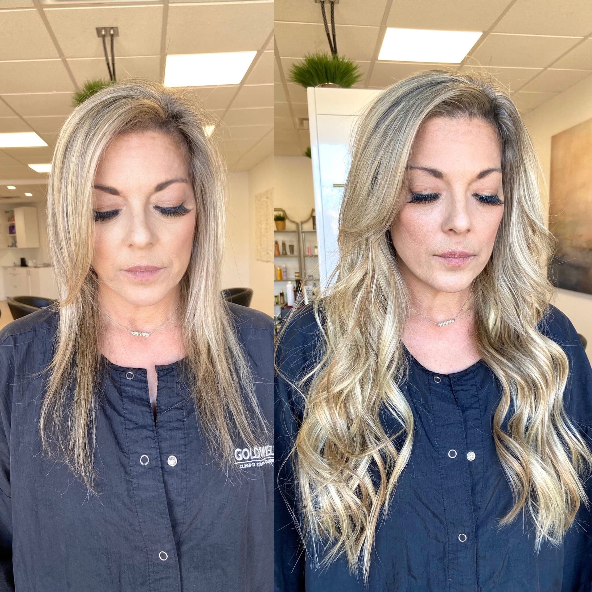 Before and after — added length and fullness with hand tied extensions