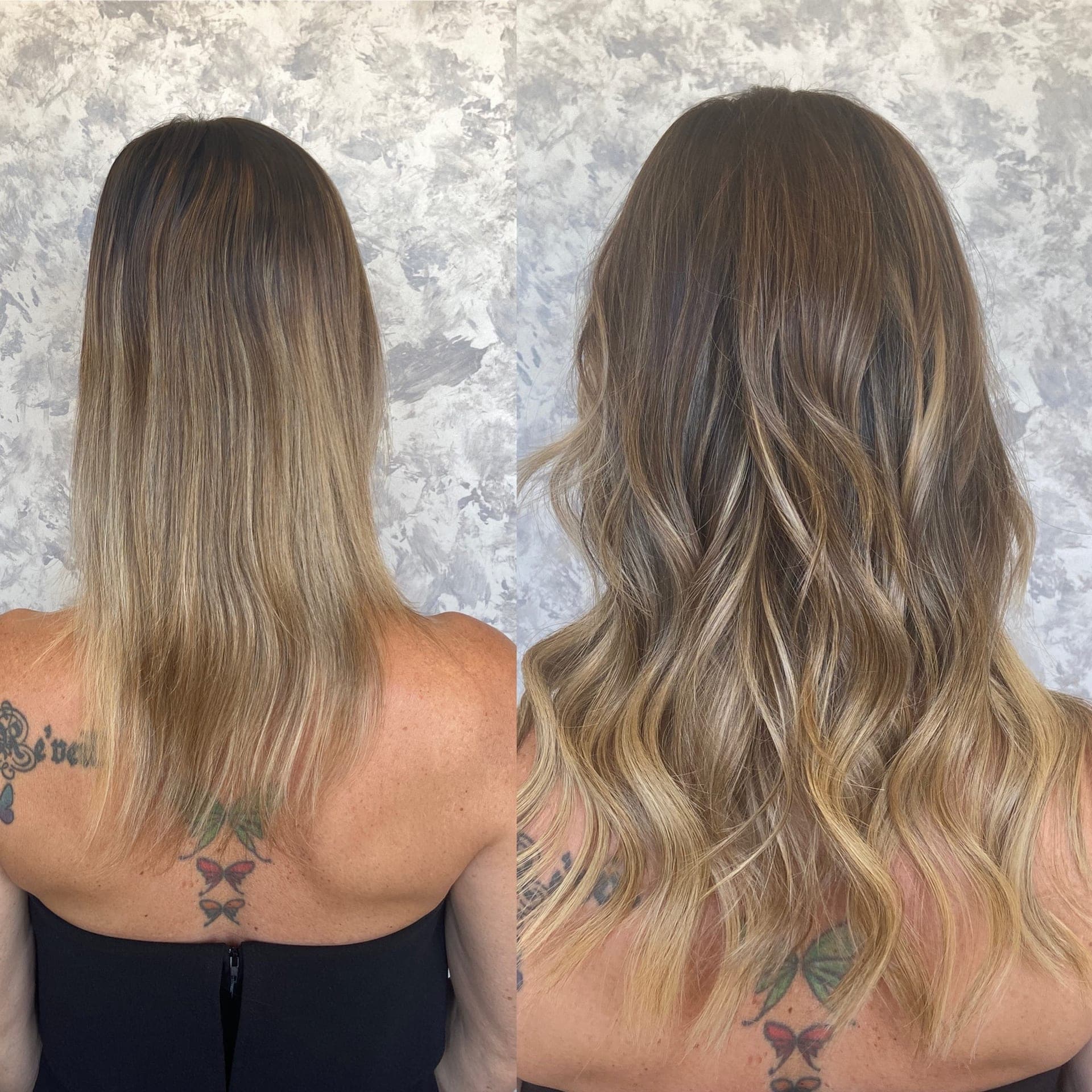 Before and after — dimensional blonde with hand tied wefts