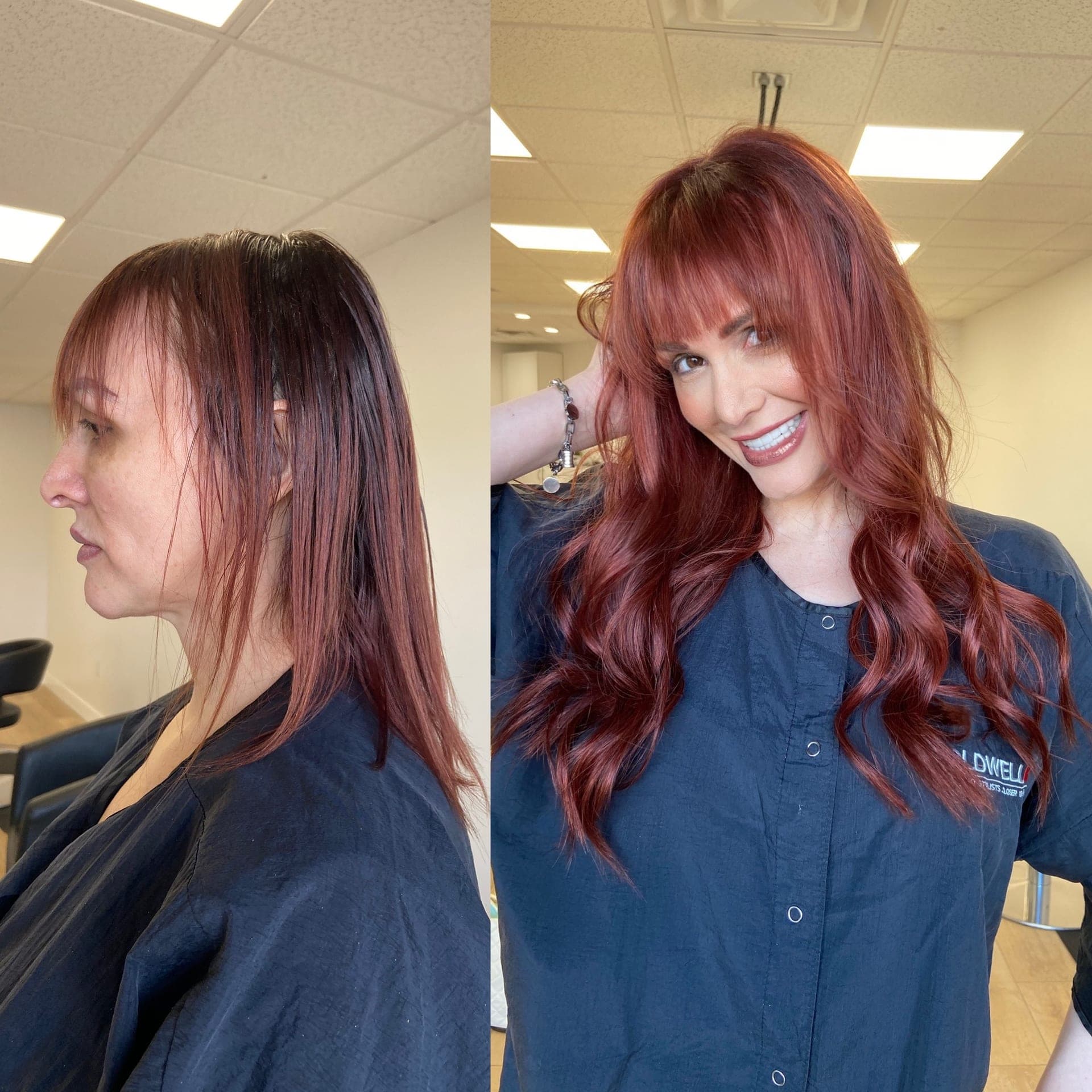 Before and after — added density on fine hair with a single row install