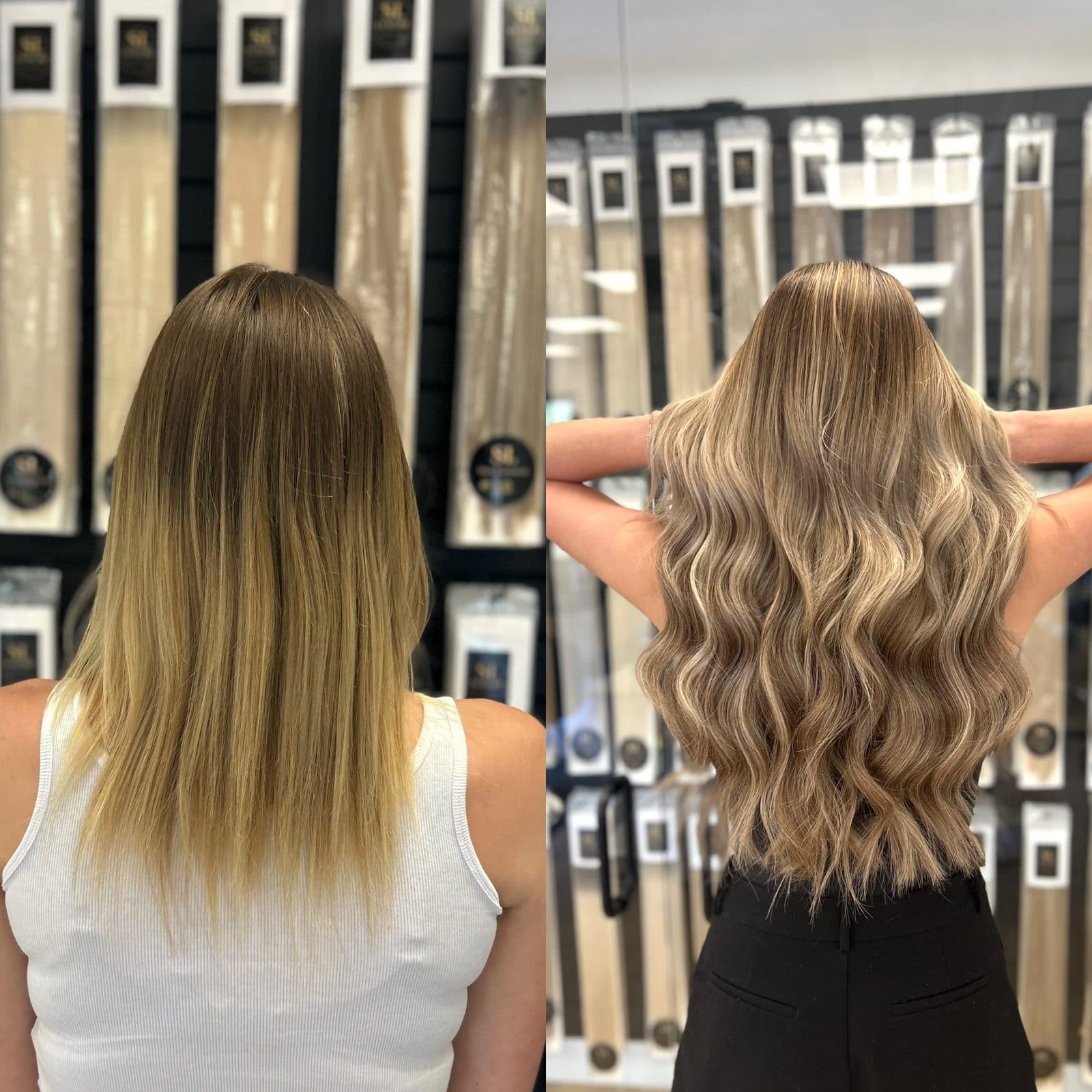 Before and after — added length, fullness and dimensional color with hand tied extensions
