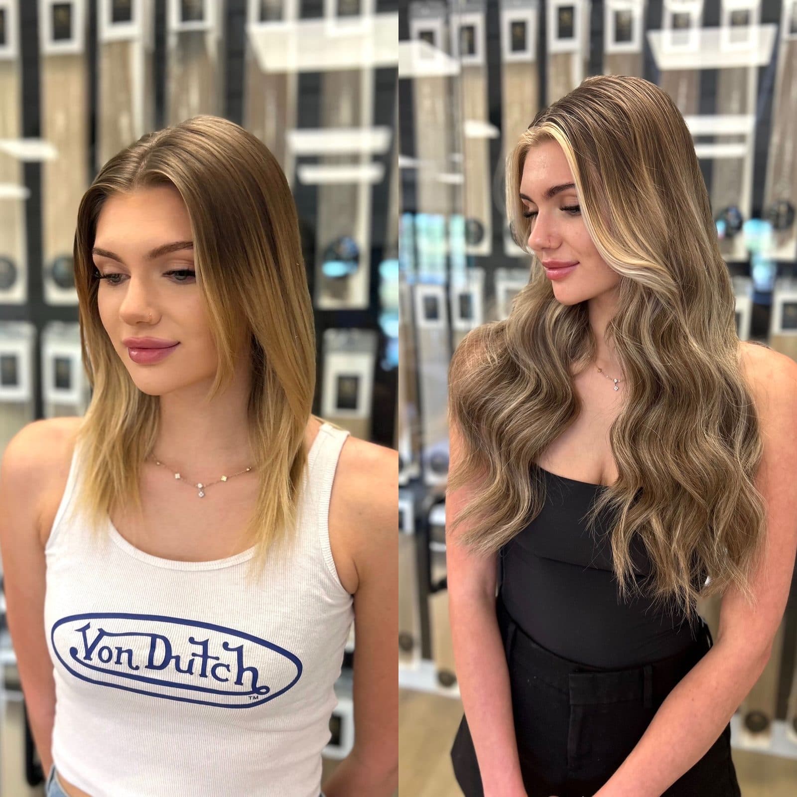 Before and after — soft waves and added length with hand tied extensions